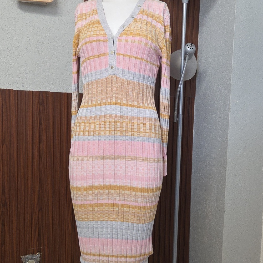 Willow & Wind Striped Ribbed Knit Henley Midi Dress Pink Yellow Size Small .